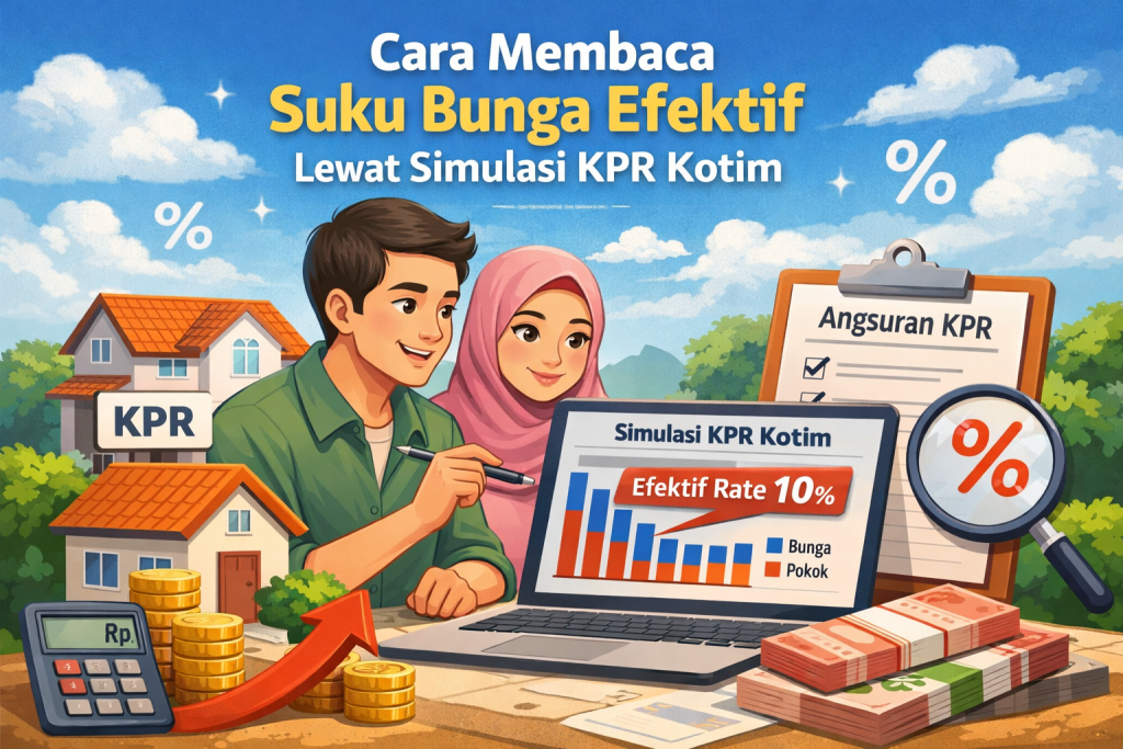 Tampilan hasil perhitungan suku bunga efektif di situs simulasi KPR Kotim yang menunjukkan saldo pokok pinjaman yang berkurang.