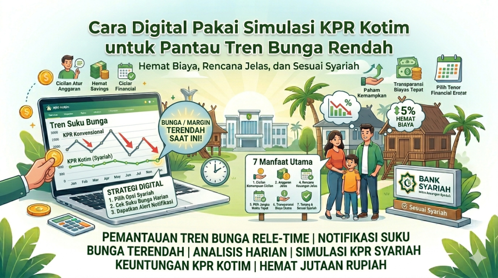 Visualisasi pemantauan tren bunga KPR melalui simulasi digital di Kotawaringin Timur untuk mendapatkan cicilan rumah syariah termurah dan hemat jutaan rupiah.