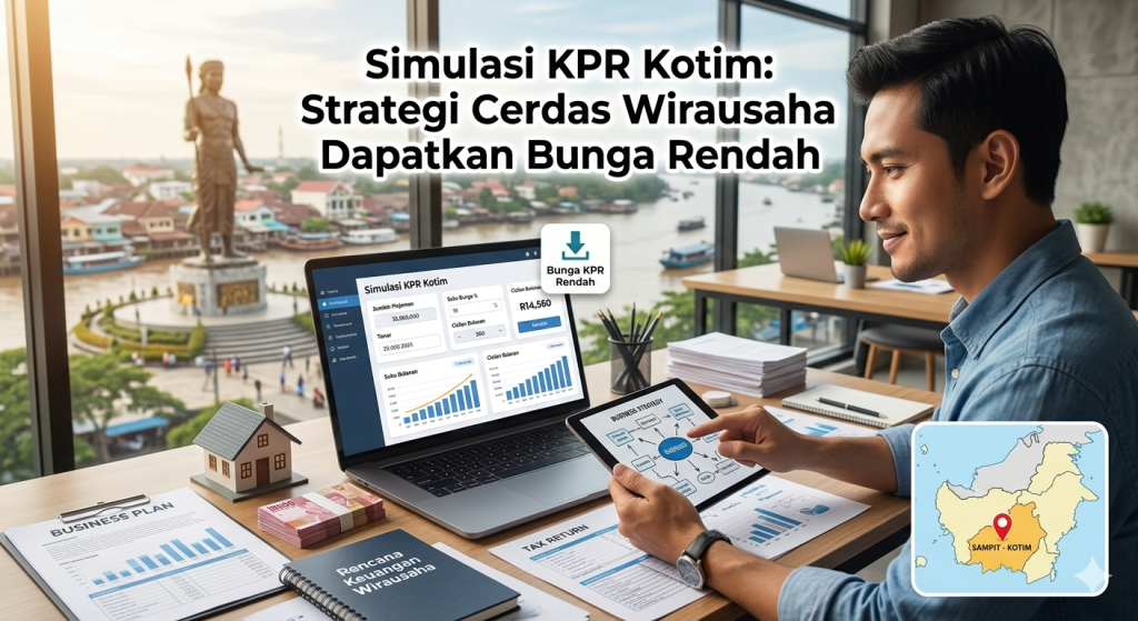 Seorang wirausaha sedang mengecek simulasi KPR Kotim di tablet untuk merencanakan cicilan rumah dengan bunga rendah.