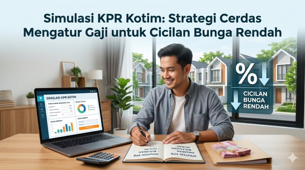 Ilustrasi pembagian gaji dan miniatur rumah sebagai visualisasi strategi cerdas mengatur keuangan untuk simulasi KPR Kotim.