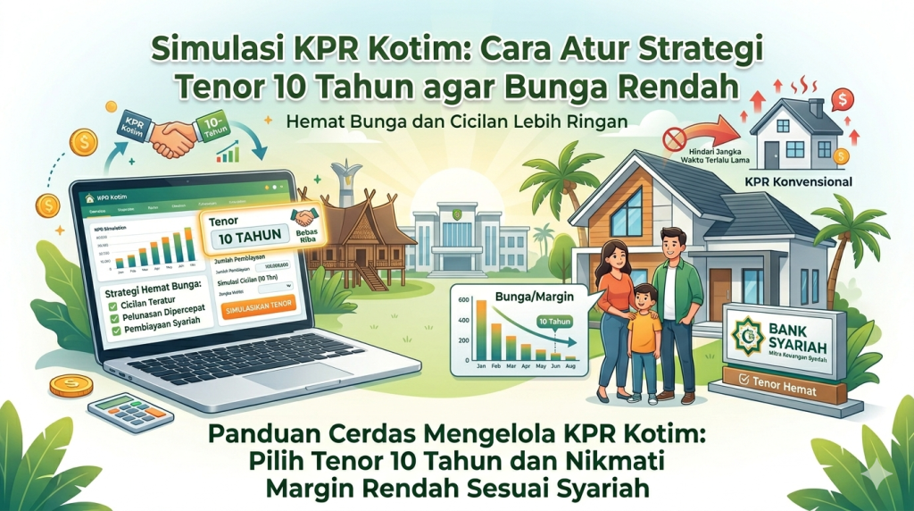 Strategi simulasi KPR Kotim dengan tenor 10 tahun untuk mendapatkan bunga rendah, menampilkan ilustrasi kalkulator cicilan pada laptop dan grafik penghematan margin bank syariah.